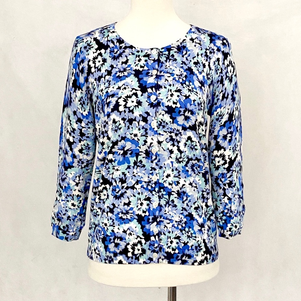 Talbots Blue Floral Cotton Blend Charming Cardigan - Picture 2 of 11